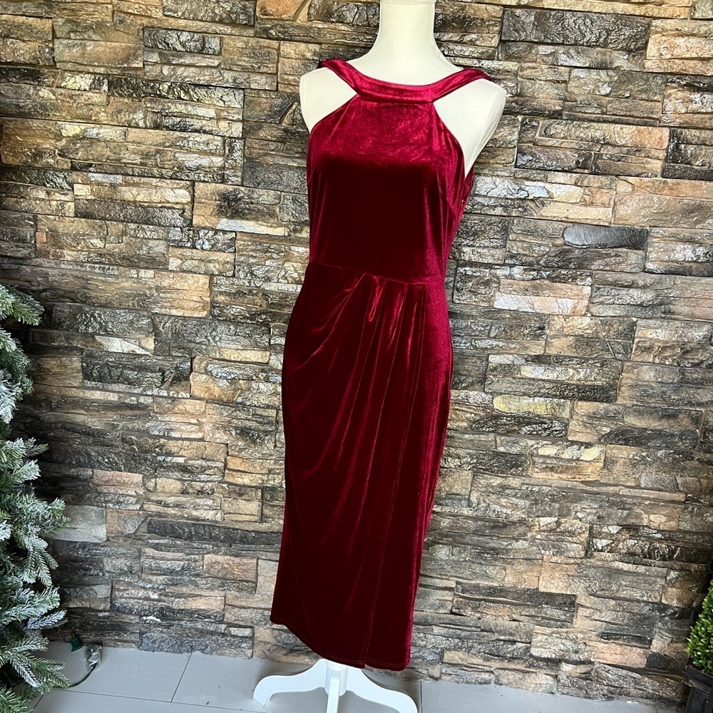 Grace Karin Velvet Burgundy Midi Dress. Courdary stretchy material. - Picture 5 of 12